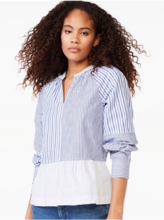 Free Assembly Tops - Free Assembly Blue White Stripe 100% Cotton Peplum Blouse Medium